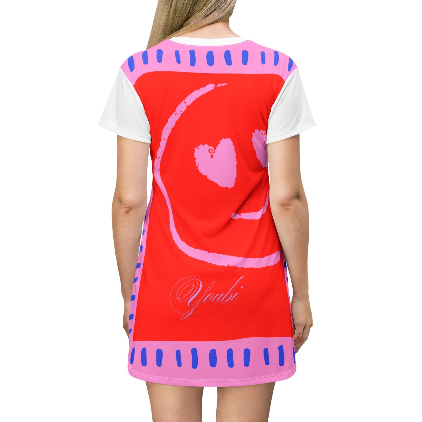 Smiling Heart Eyes T-Shirt Dress — Cute Pink Red All-Over Print
