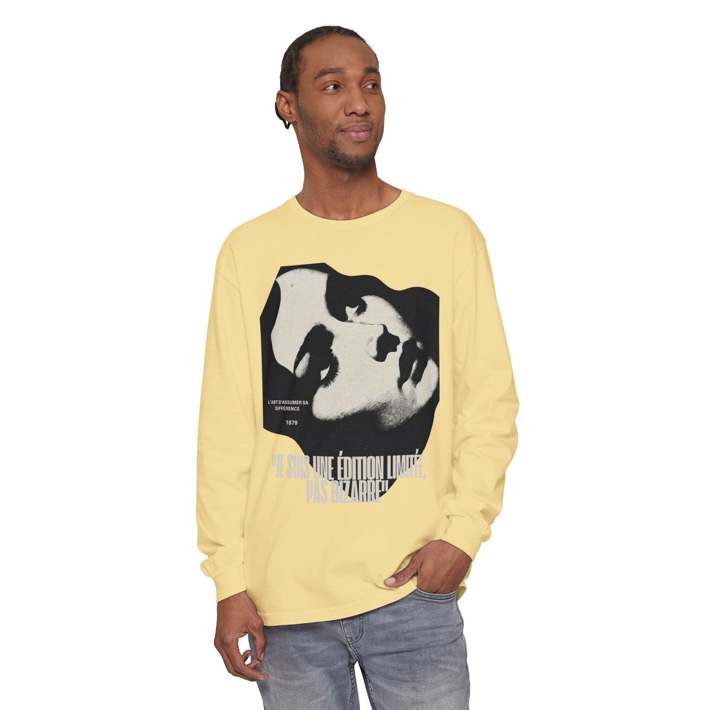 Graphic Long Sleeve Tee — Vintage Face Print with French Text