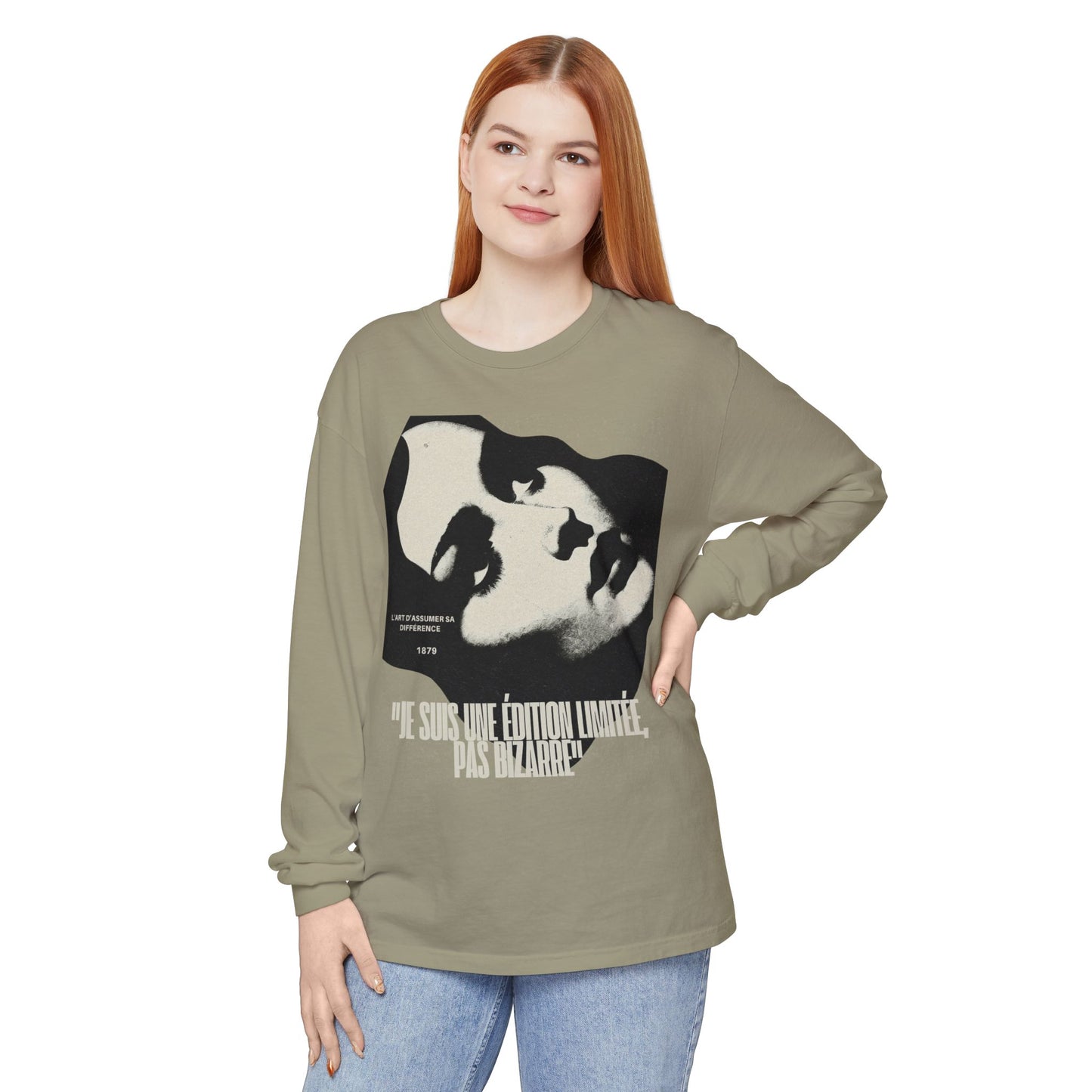 Graphic Long Sleeve Tee — Vintage Face Print with French Text