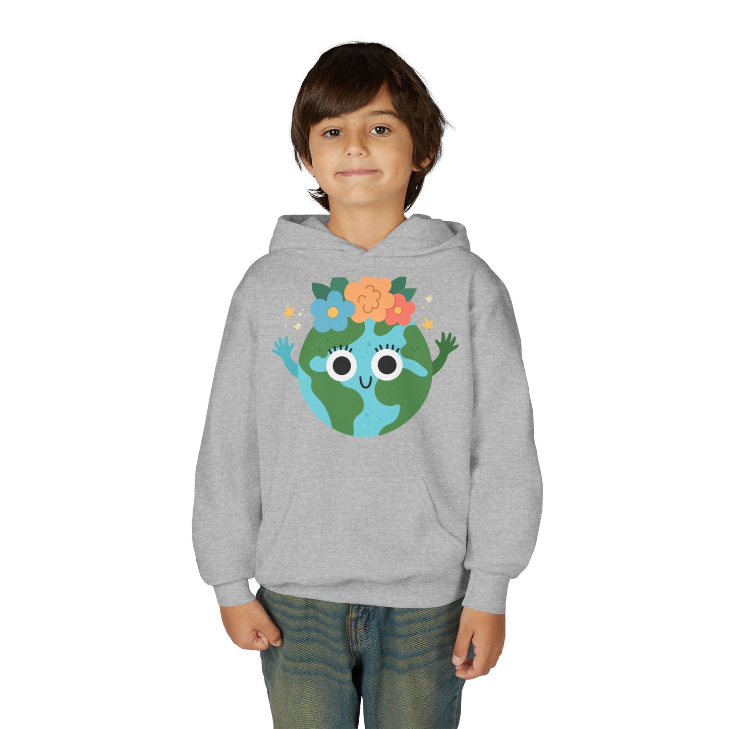 YOUTH Earth Day Hoodie – Cute Smiling Planet with Flower Crown