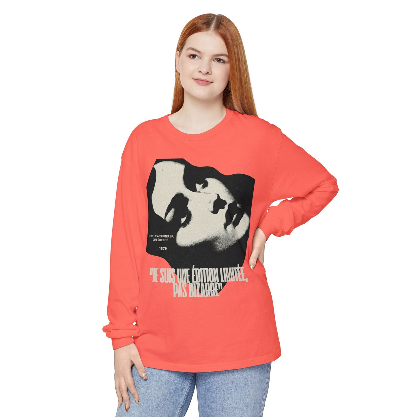 Graphic Long Sleeve Tee — Vintage Face Print with French Text
