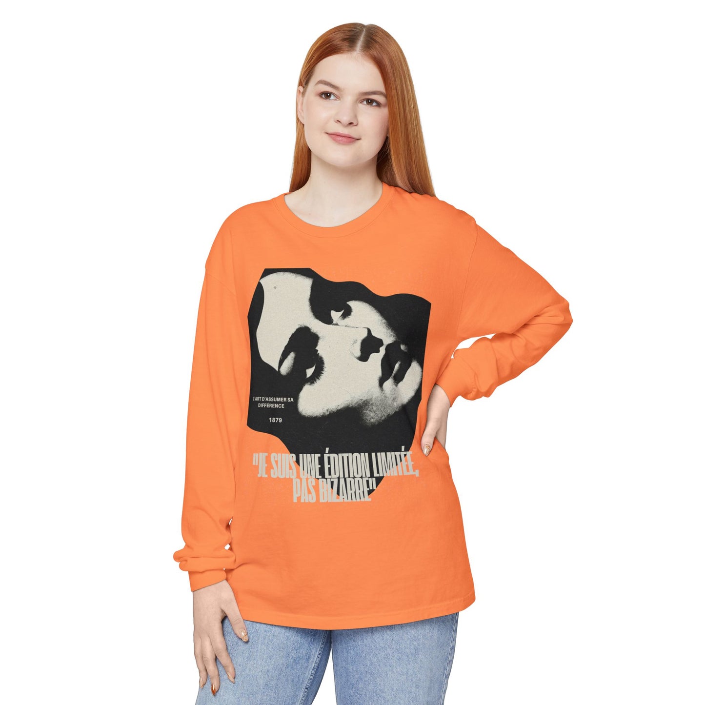 Graphic Long Sleeve Tee — Vintage Face Print with French Text