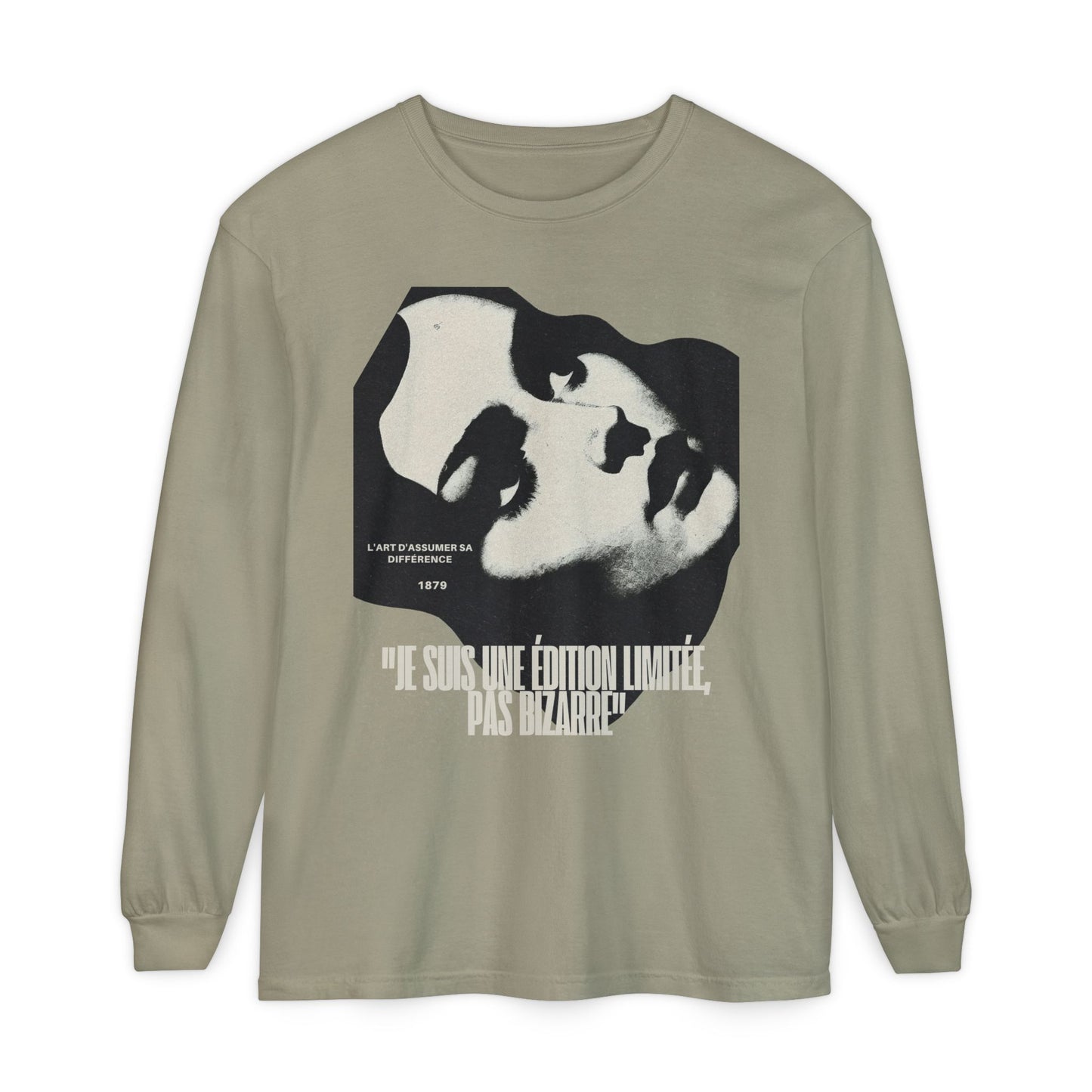 Graphic Long Sleeve Tee — Vintage Face Print with French Text
