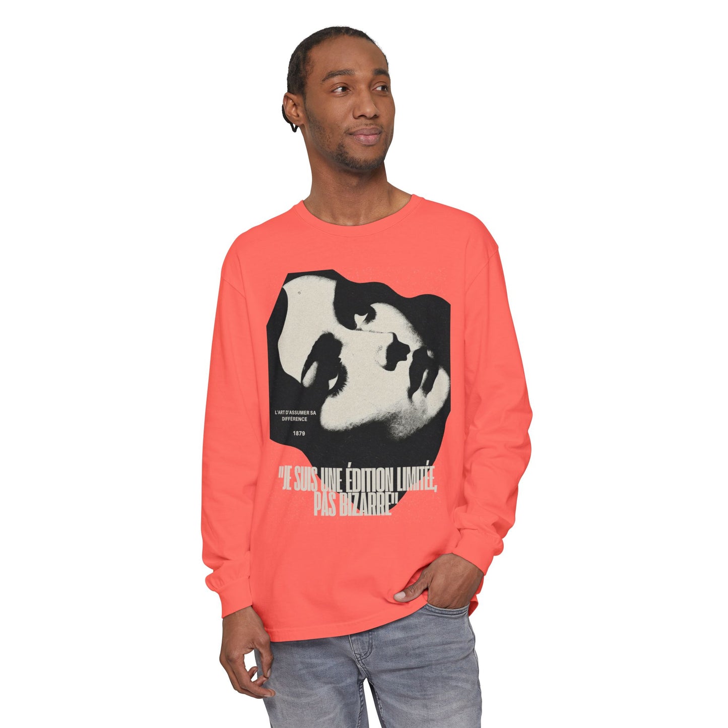 Graphic Long Sleeve Tee — Vintage Face Print with French Text