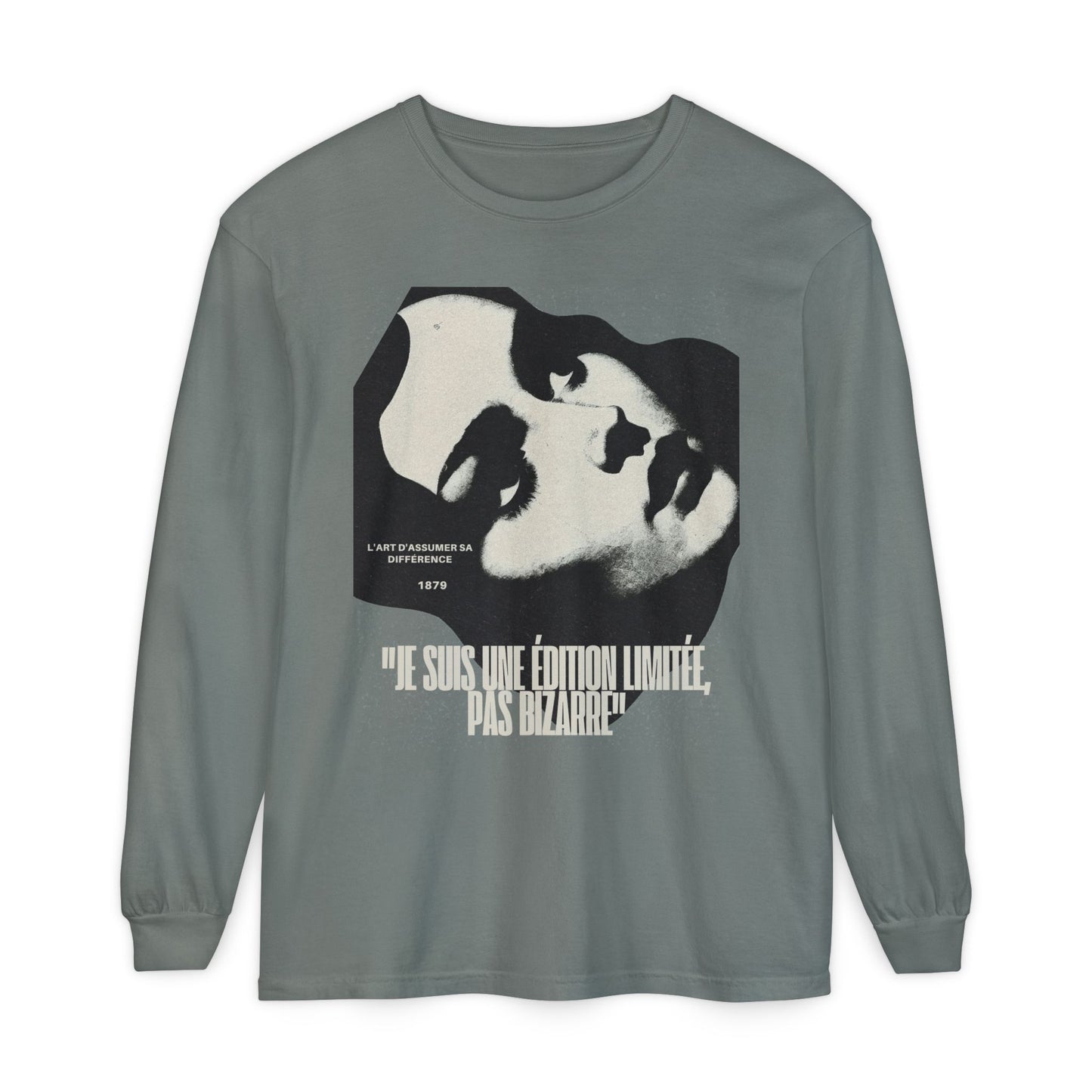 Graphic Long Sleeve Tee — Vintage Face Print with French Text