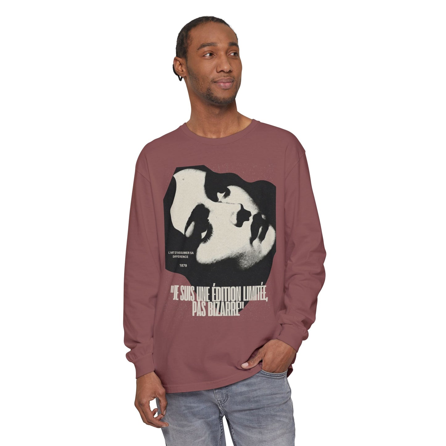 Graphic Long Sleeve Tee — Vintage Face Print with French Text