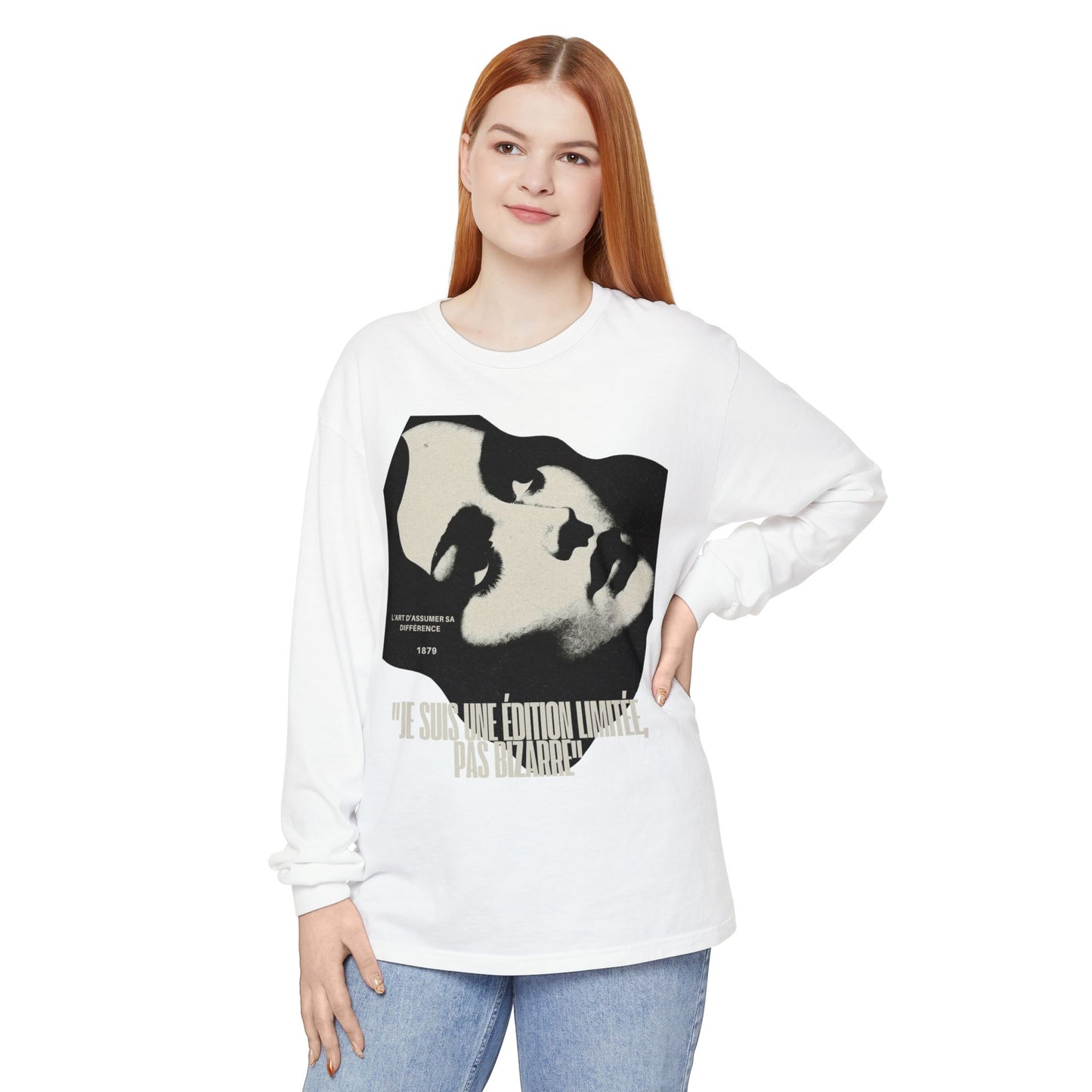 Graphic Long Sleeve Tee — Vintage Face Print with French Text
