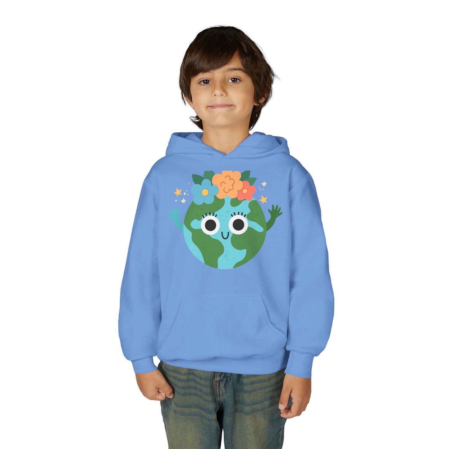 YOUTH Earth Day Hoodie – Cute Smiling Planet with Flower Crown