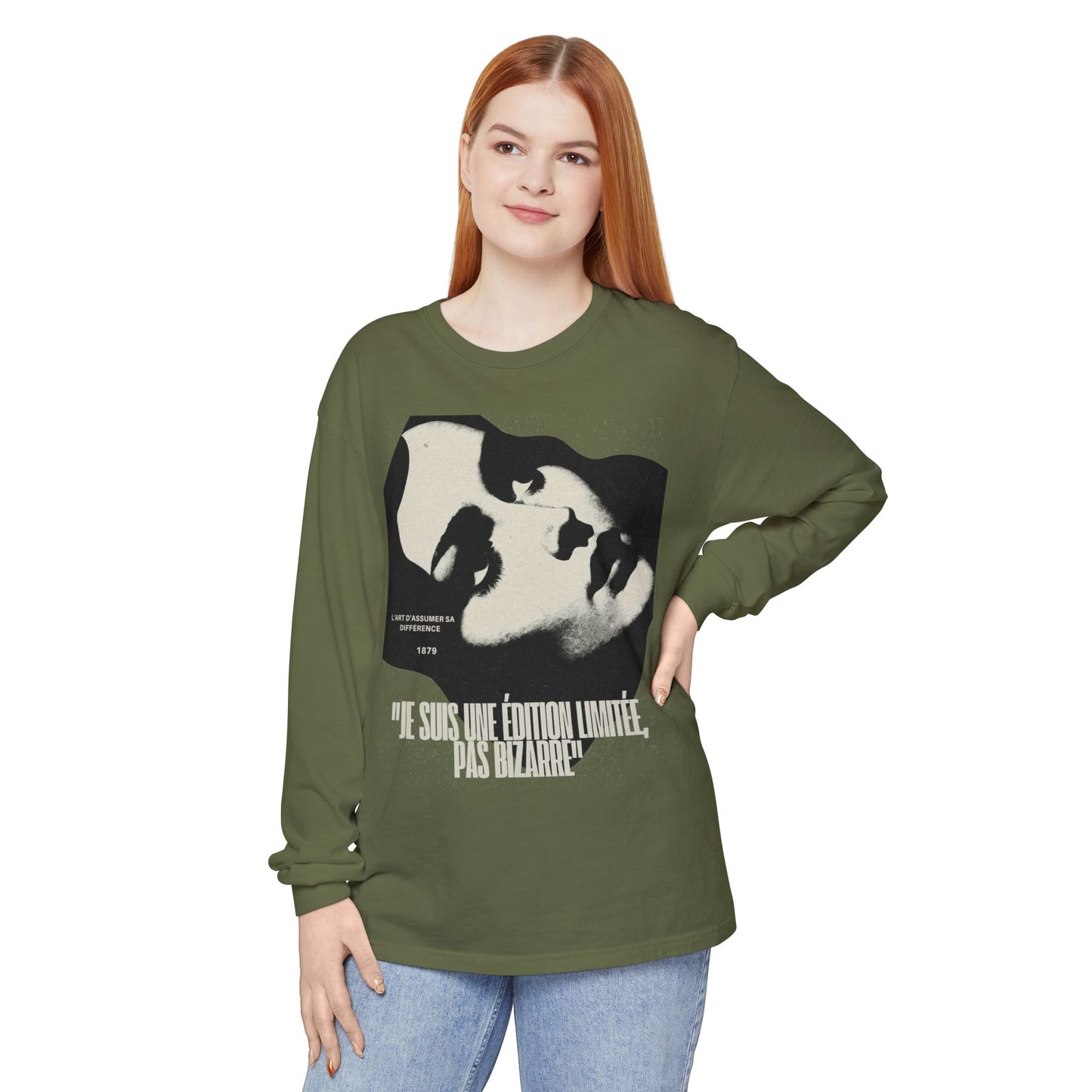 Graphic Long Sleeve Tee — Vintage Face Print with French Text