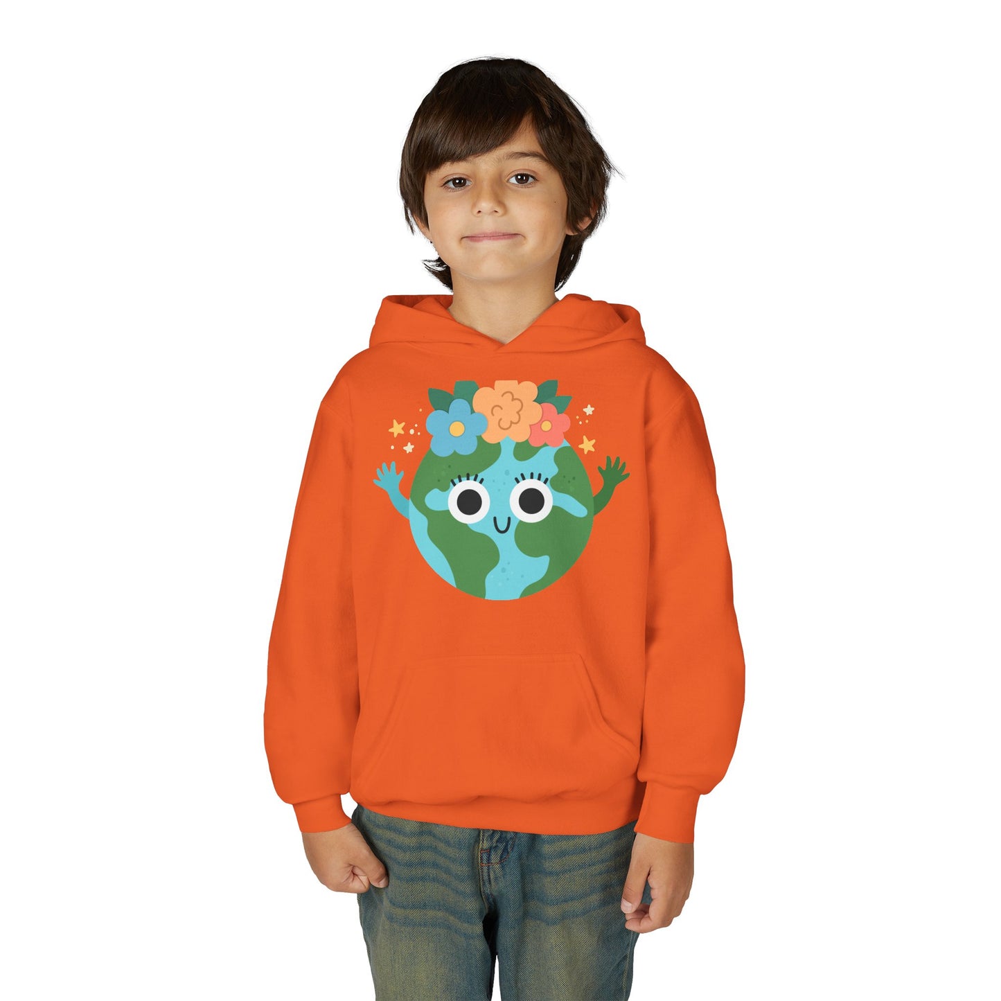 YOUTH Earth Day Hoodie – Cute Smiling Planet with Flower Crown