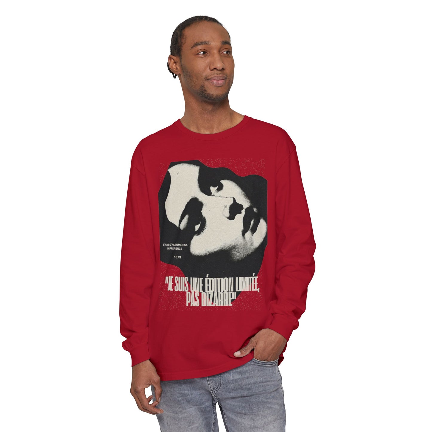 Graphic Long Sleeve Tee — Vintage Face Print with French Text