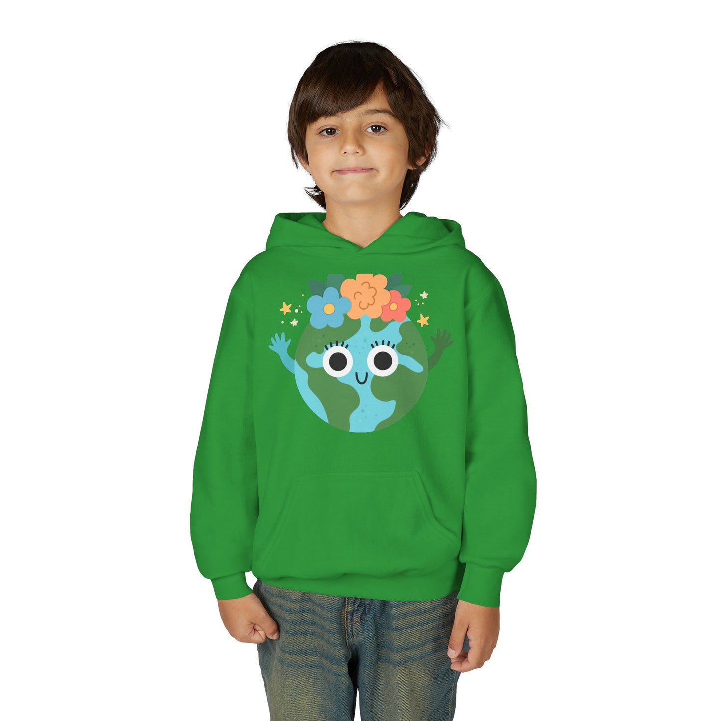 YOUTH Earth Day Hoodie – Cute Smiling Planet with Flower Crown