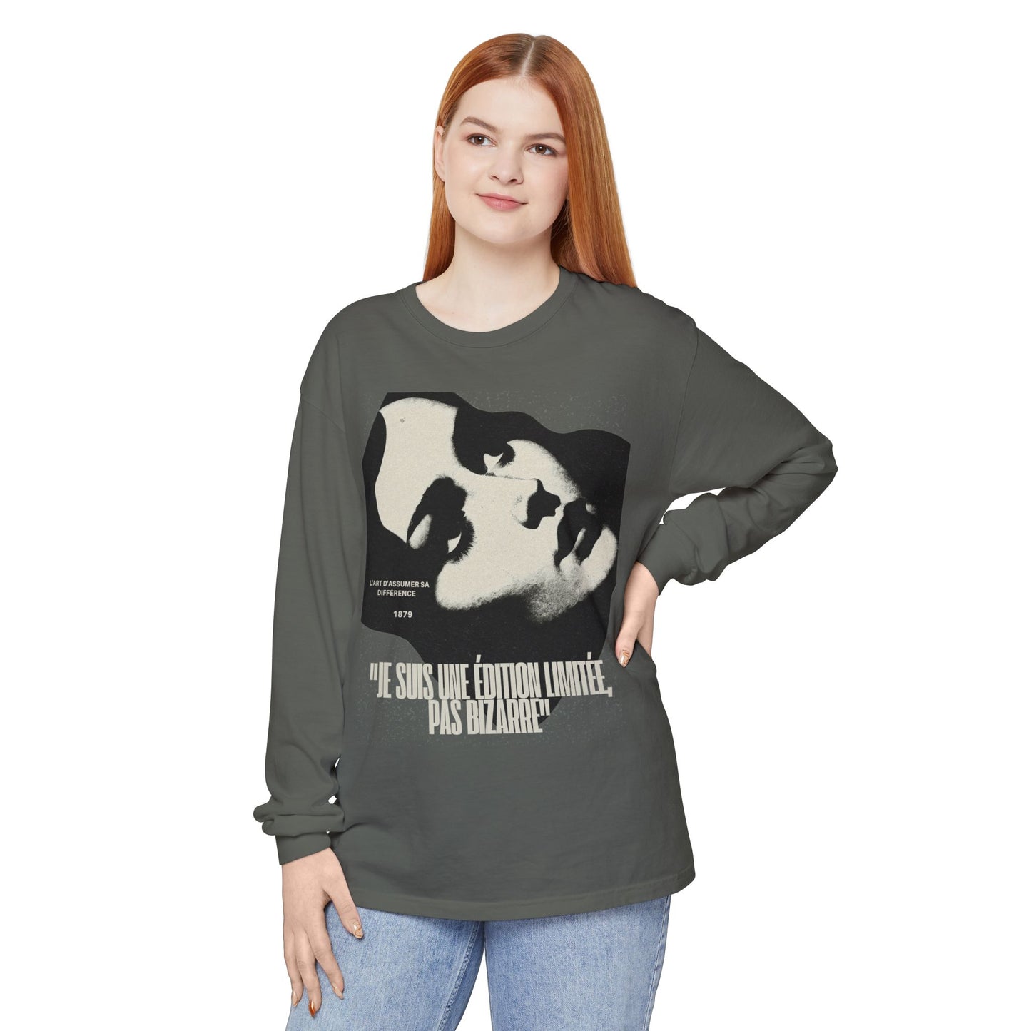 Graphic Long Sleeve Tee — Vintage Face Print with French Text