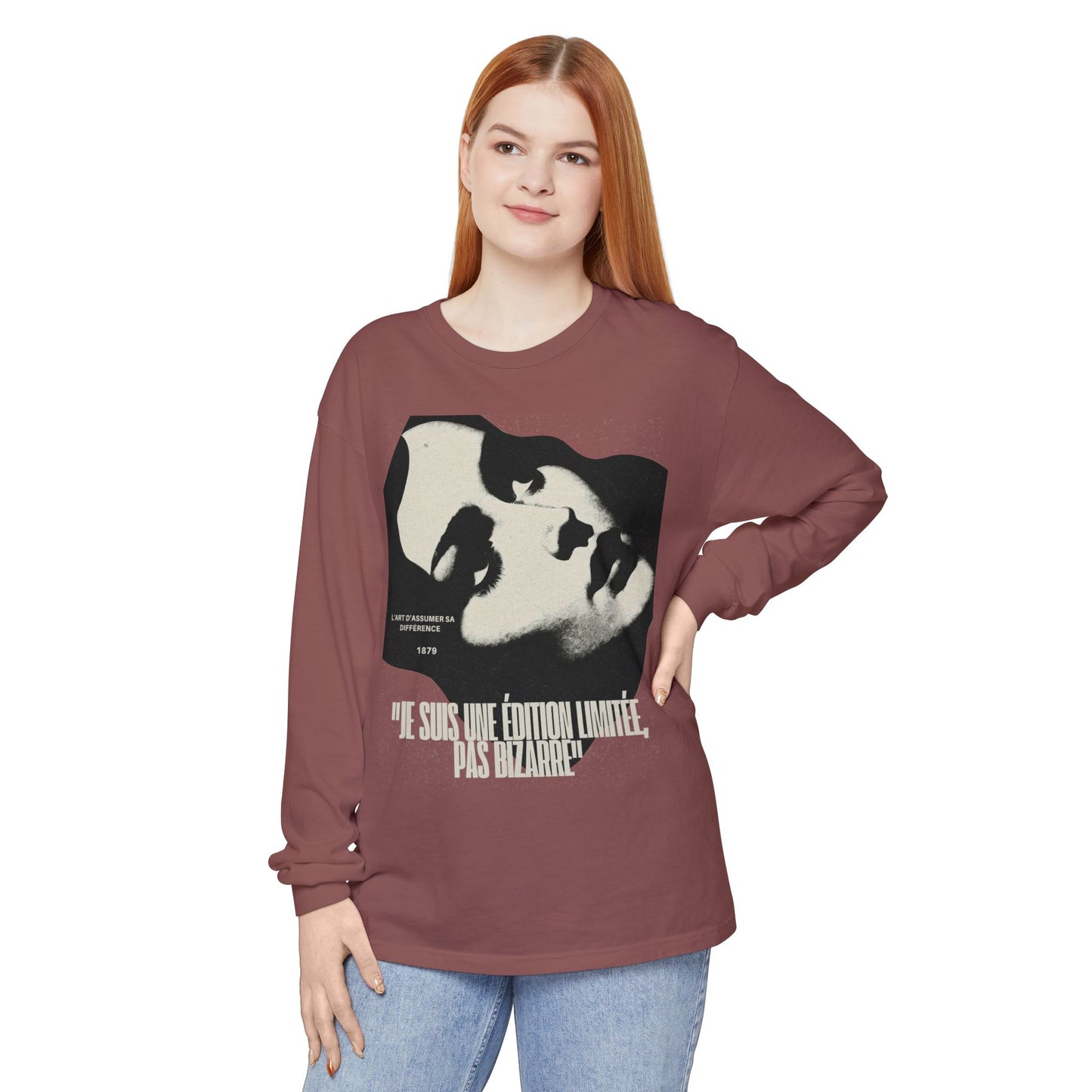 Graphic Long Sleeve Tee — Vintage Face Print with French Text