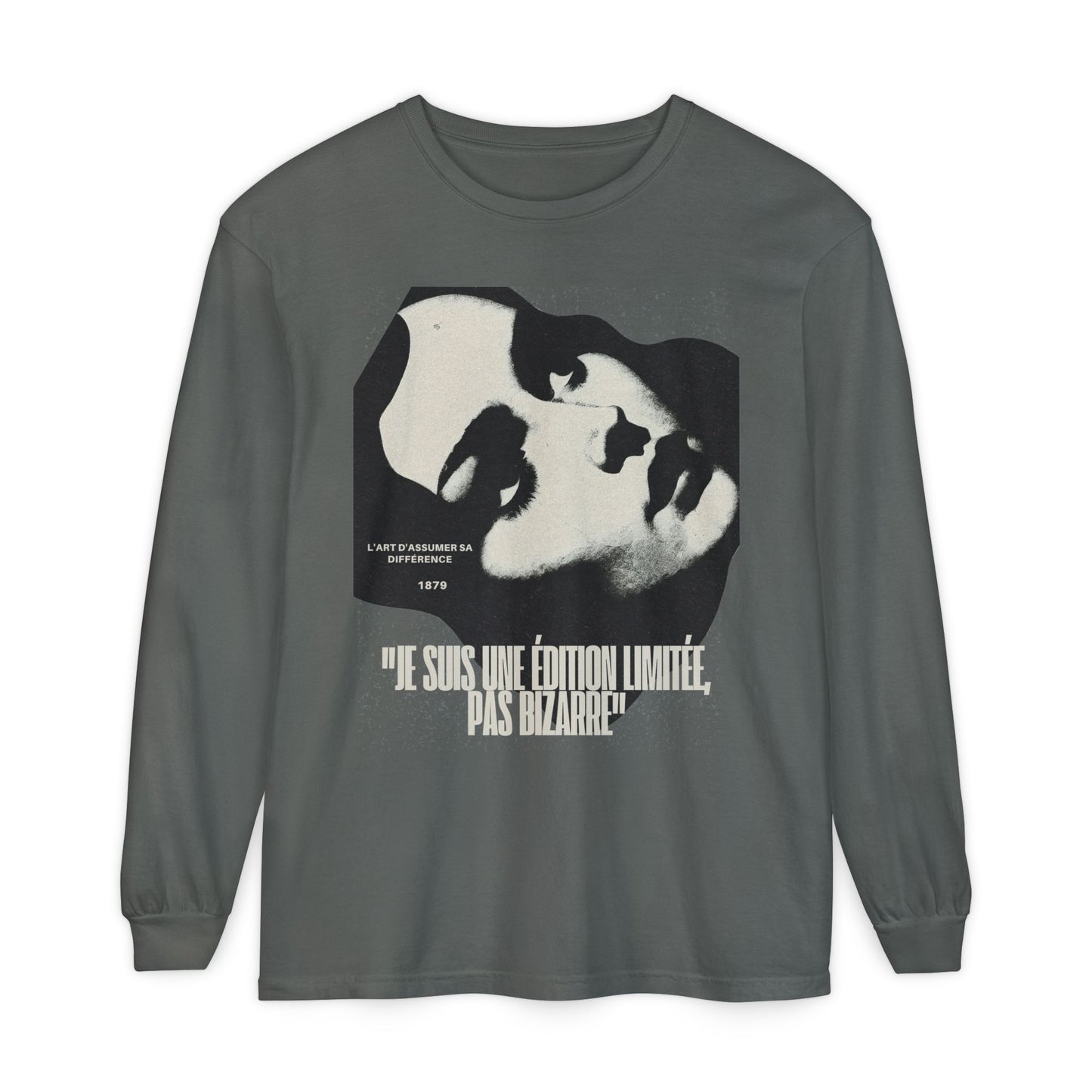 Graphic Long Sleeve Tee — Vintage Face Print with French Text