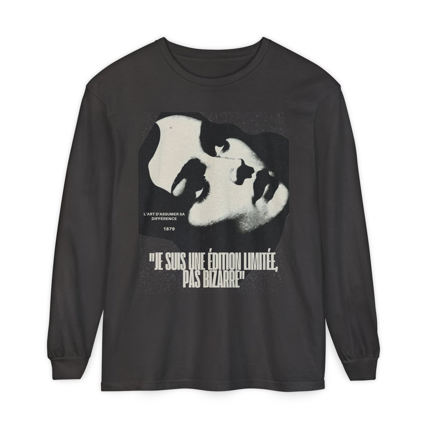 Graphic Long Sleeve Tee — Vintage Face Print with French Text