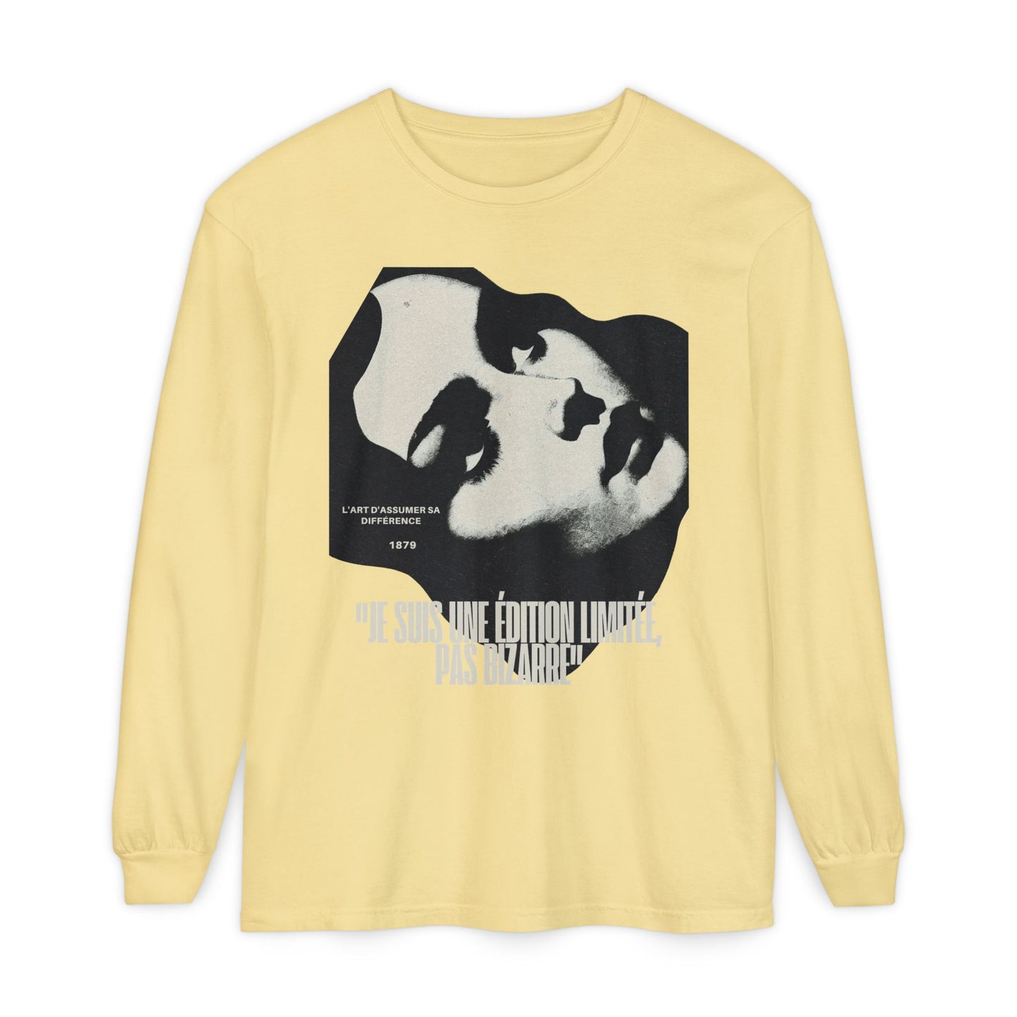 Graphic Long Sleeve Tee — Vintage Face Print with French Text
