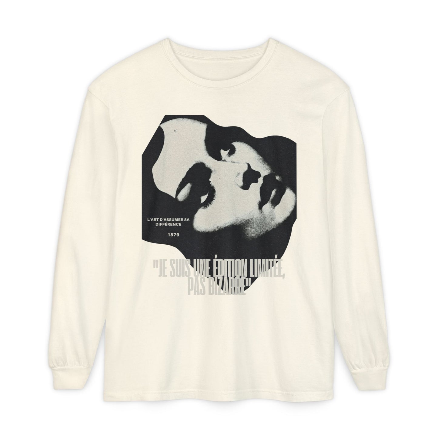 Graphic Long Sleeve Tee — Vintage Face Print with French Text