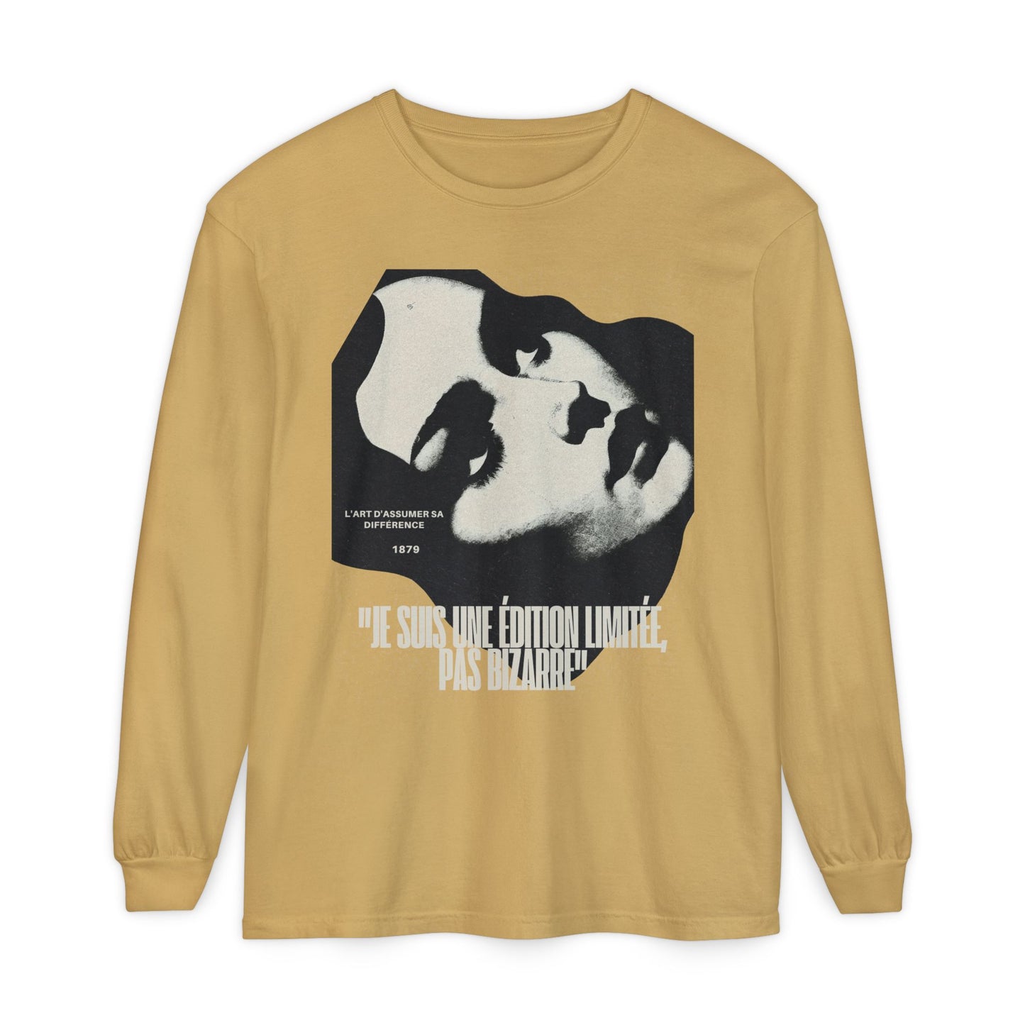 Graphic Long Sleeve Tee — Vintage Face Print with French Text