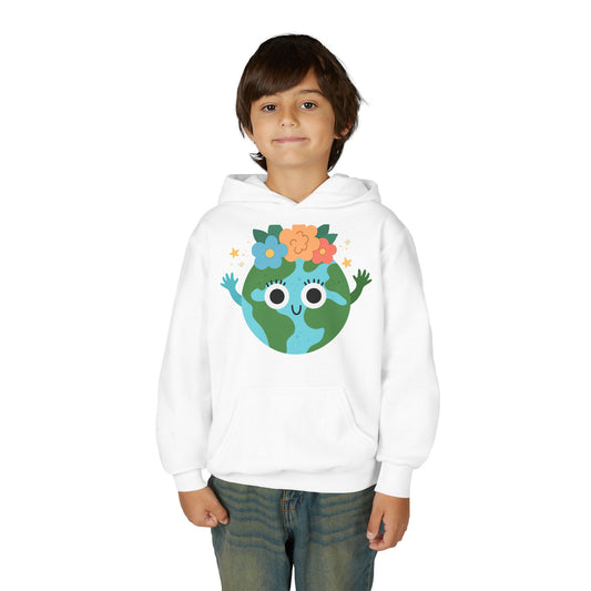 YOUTH Earth Day Hoodie – Cute Smiling Planet with Flower Crown