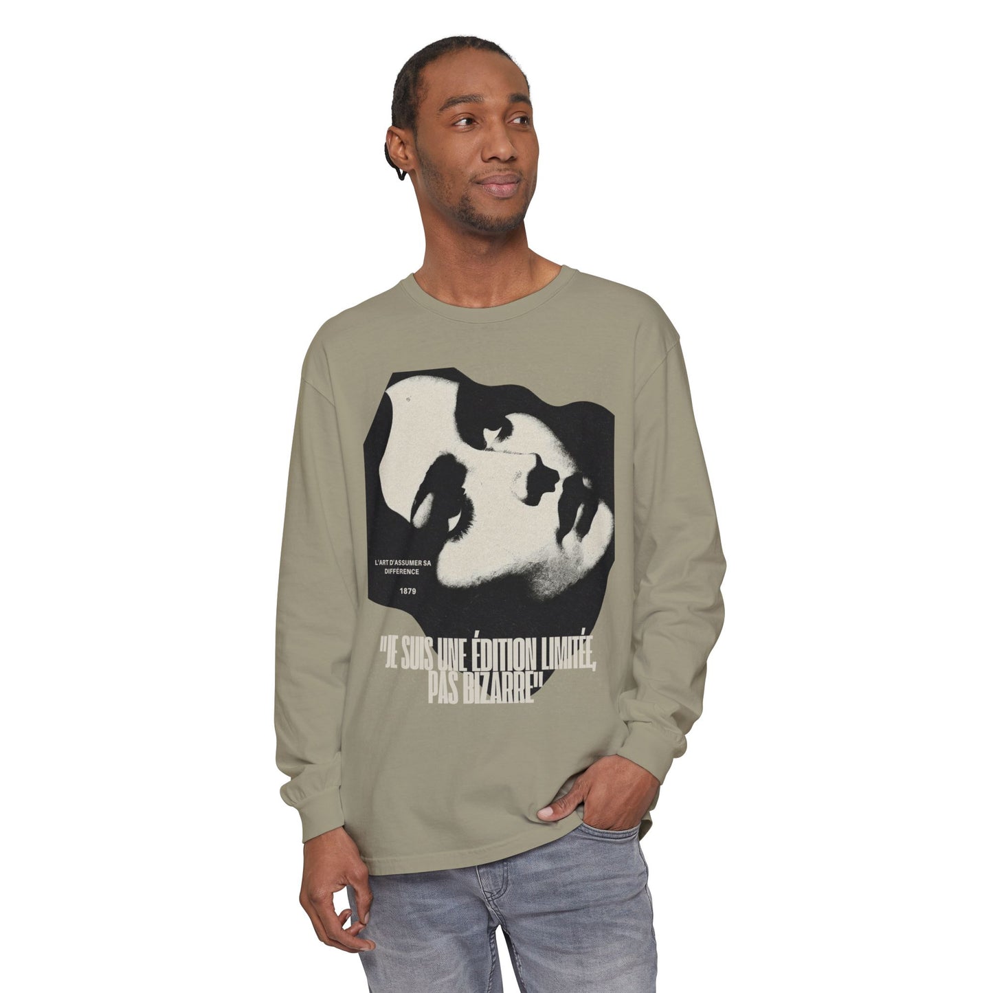 Graphic Long Sleeve Tee — Vintage Face Print with French Text