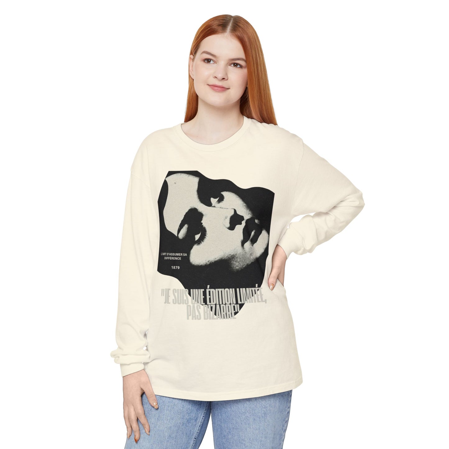 Graphic Long Sleeve Tee — Vintage Face Print with French Text