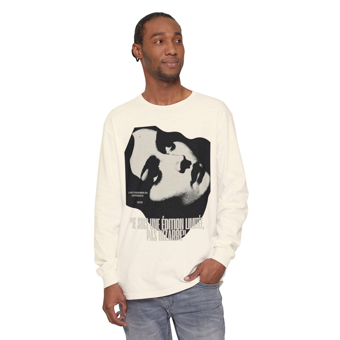 Graphic Long Sleeve Tee — Vintage Face Print with French Text