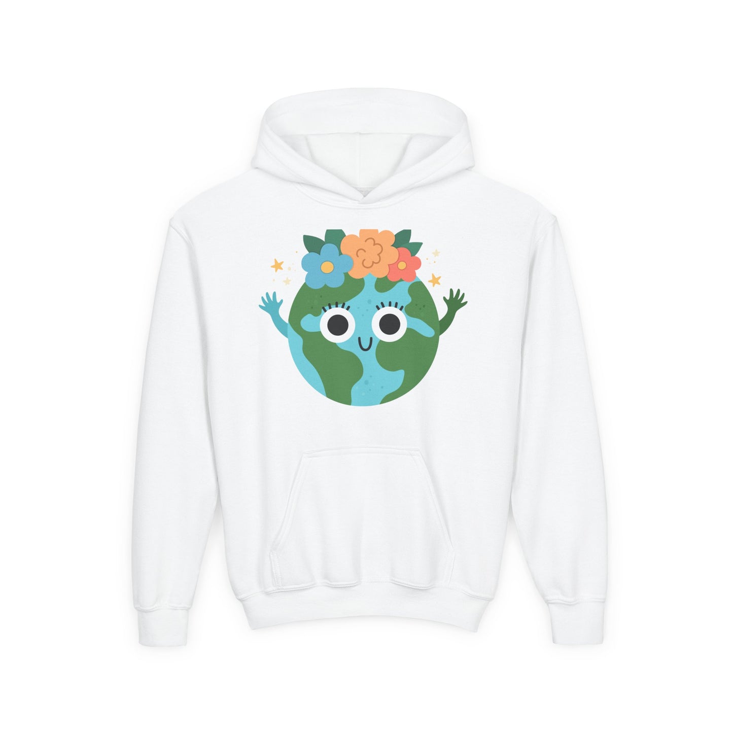 YOUTH Earth Day Hoodie – Cute Smiling Planet with Flower Crown