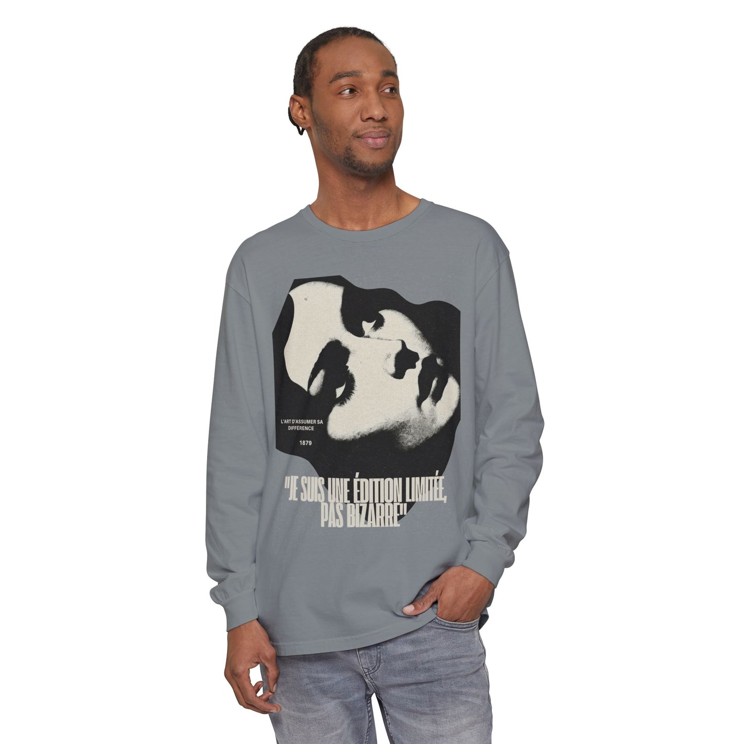 Graphic Long Sleeve Tee — Vintage Face Print with French Text