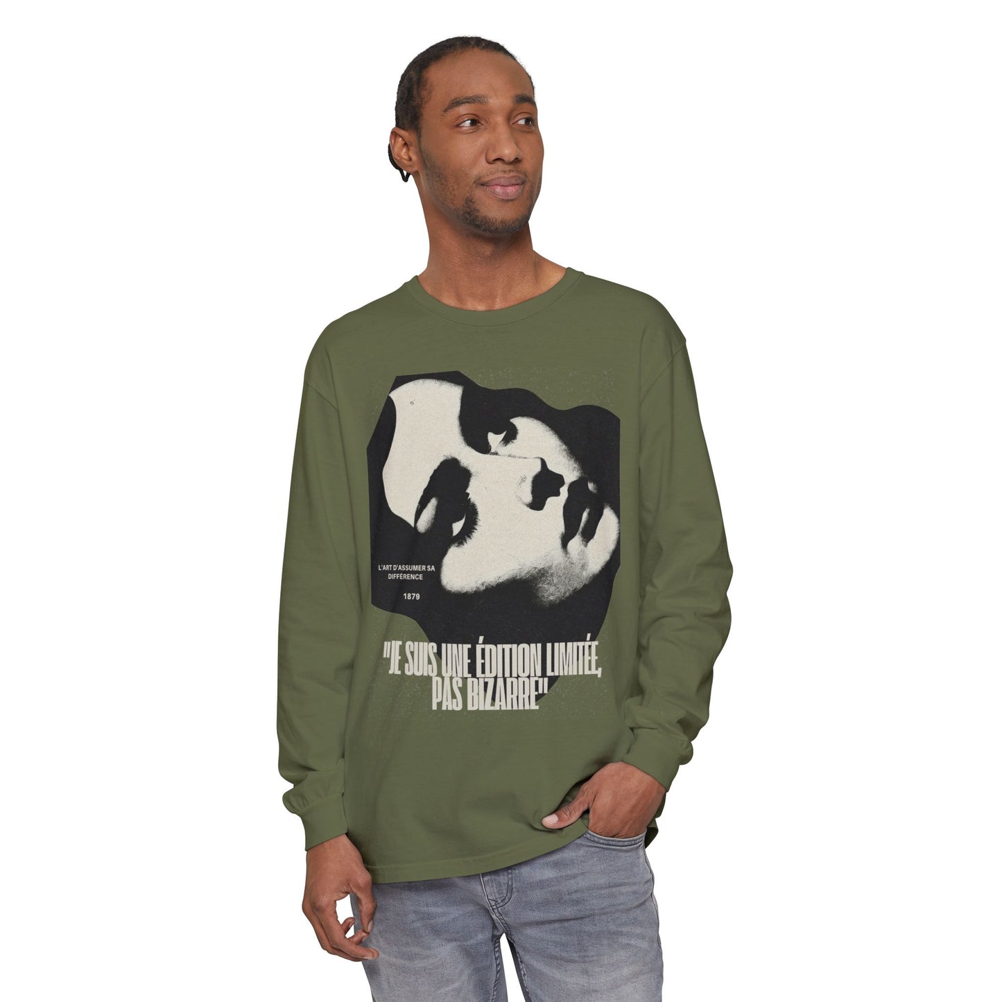 Graphic Long Sleeve Tee — Vintage Face Print with French Text