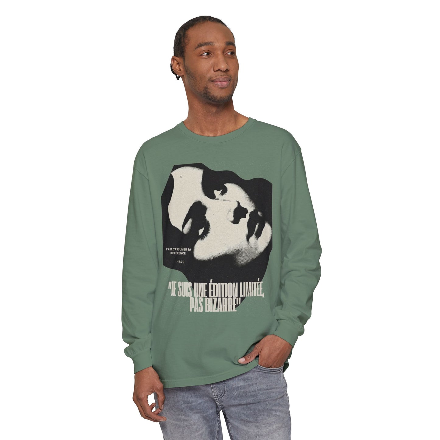 Graphic Long Sleeve Tee — Vintage Face Print with French Text