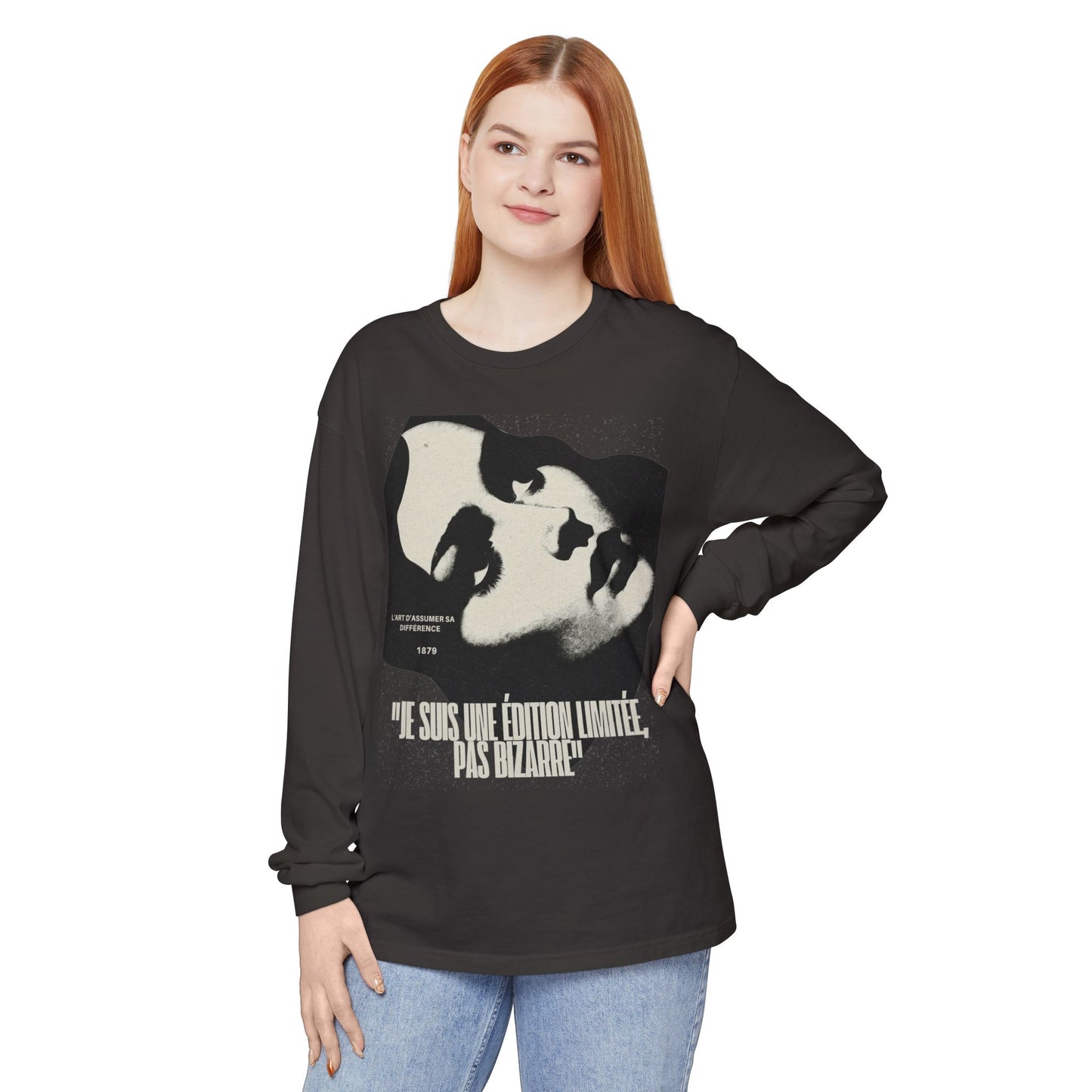 Graphic Long Sleeve Tee — Vintage Face Print with French Text