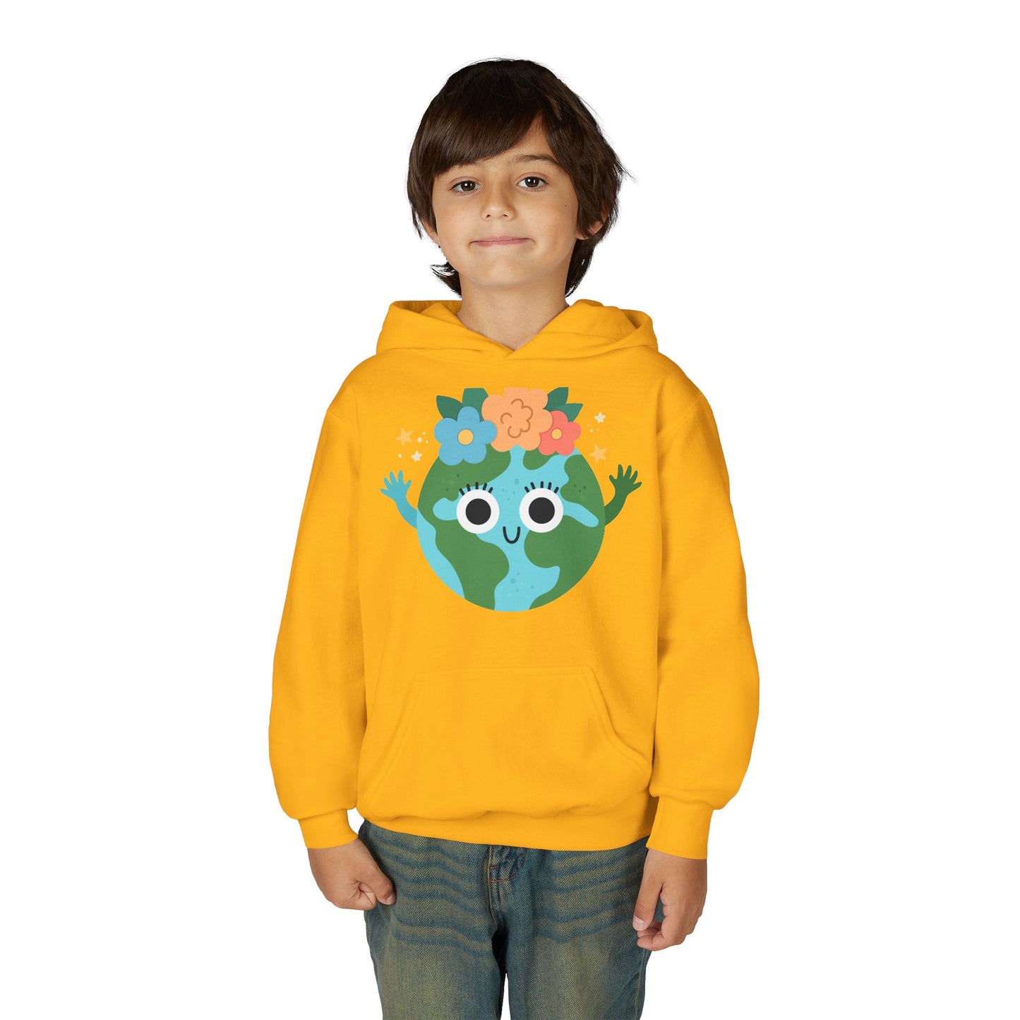 YOUTH Earth Day Hoodie – Cute Smiling Planet with Flower Crown