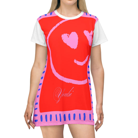 Smiling Heart Eyes T-Shirt Dress — Cute Pink Red All-Over Print
