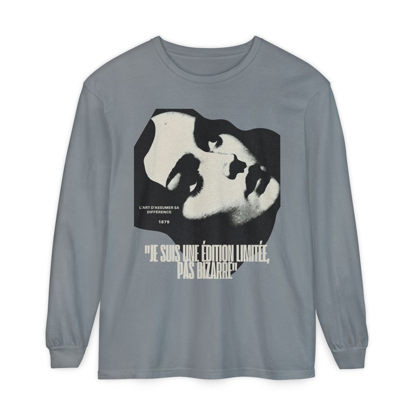 Graphic Long Sleeve Tee — Vintage Face Print with French Text