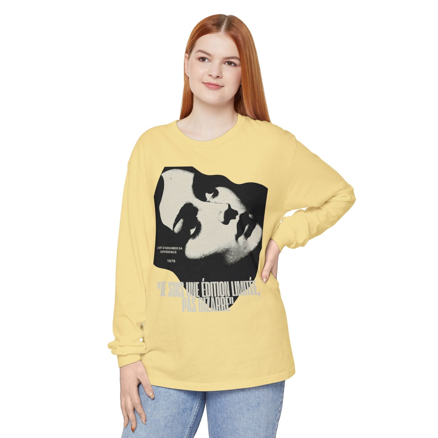 Graphic Long Sleeve Tee — Vintage Face Print with French Text