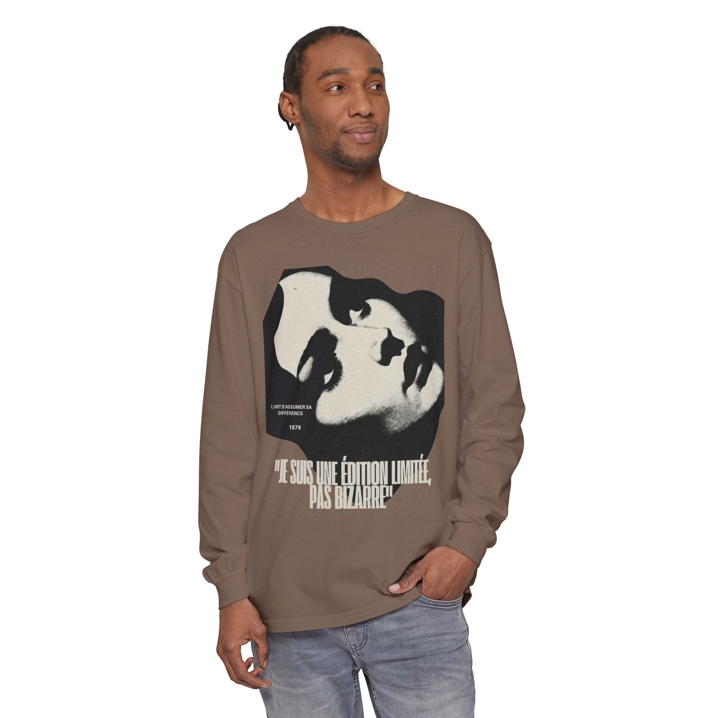 Graphic Long Sleeve Tee — Vintage Face Print with French Text