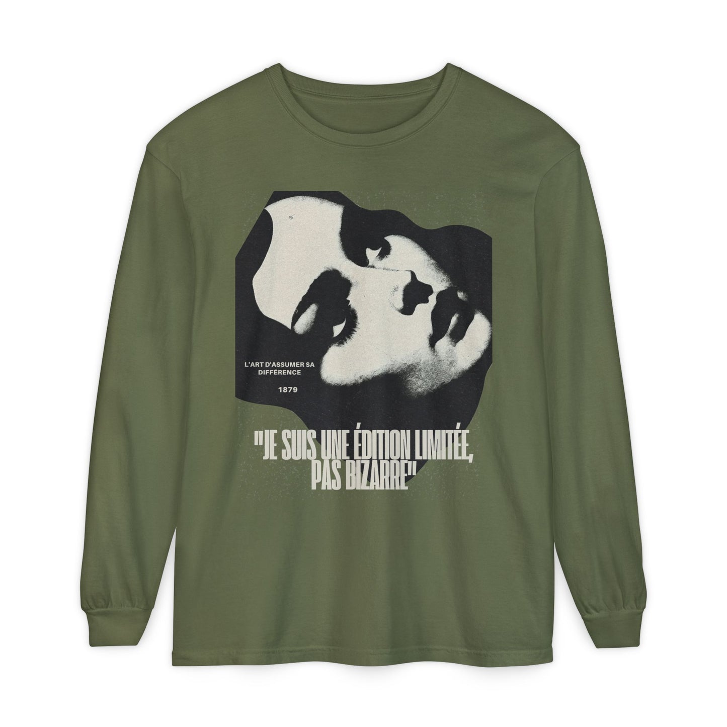 Graphic Long Sleeve Tee — Vintage Face Print with French Text