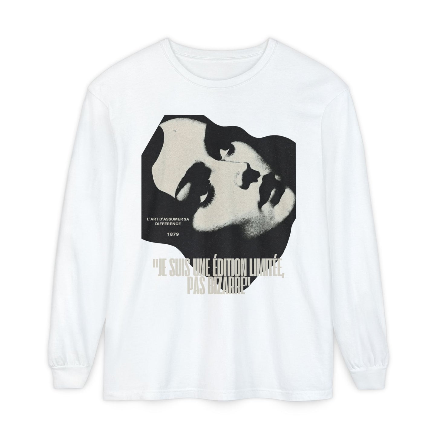 Graphic Long Sleeve Tee — Vintage Face Print with French Text