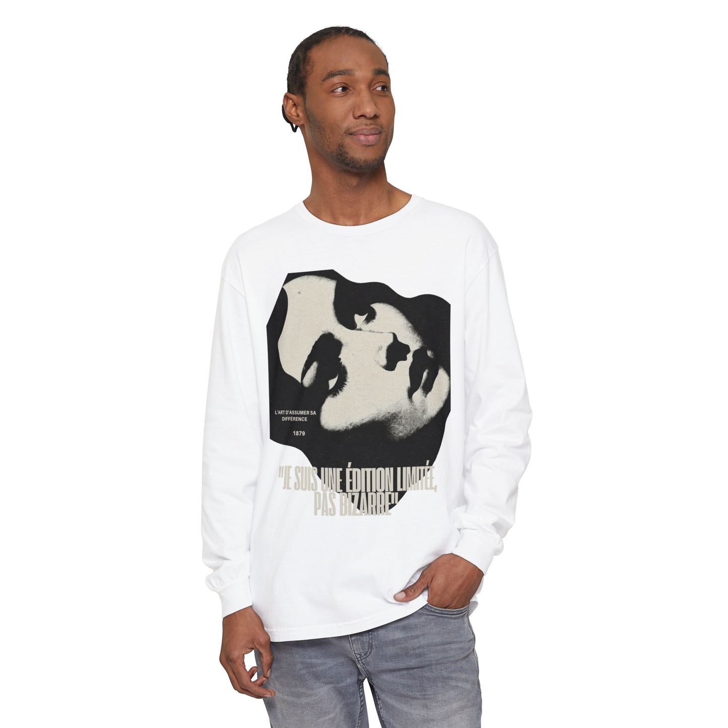 Graphic Long Sleeve Tee — Vintage Face Print with French Text
