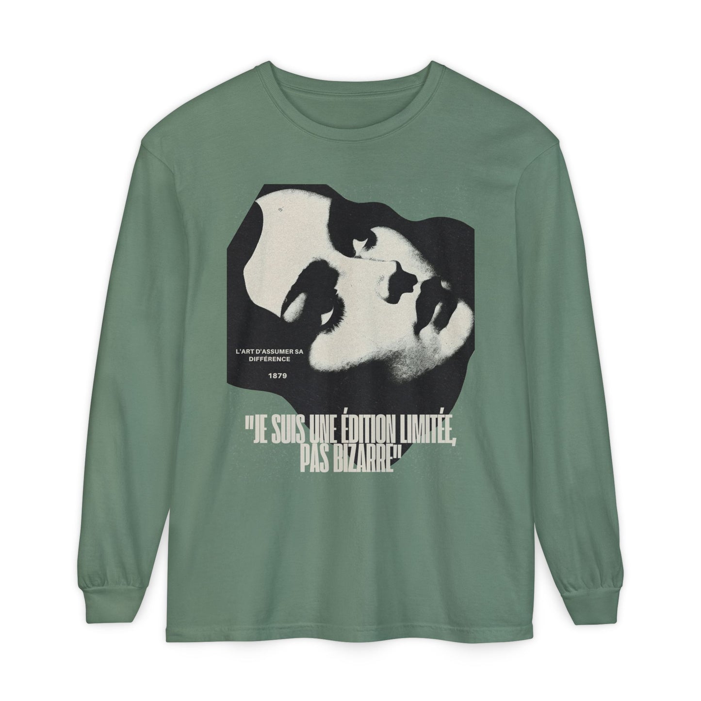 Graphic Long Sleeve Tee — Vintage Face Print with French Text