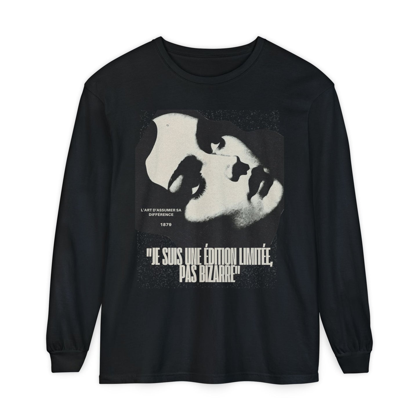 Graphic Long Sleeve Tee — Vintage Face Print with French Text
