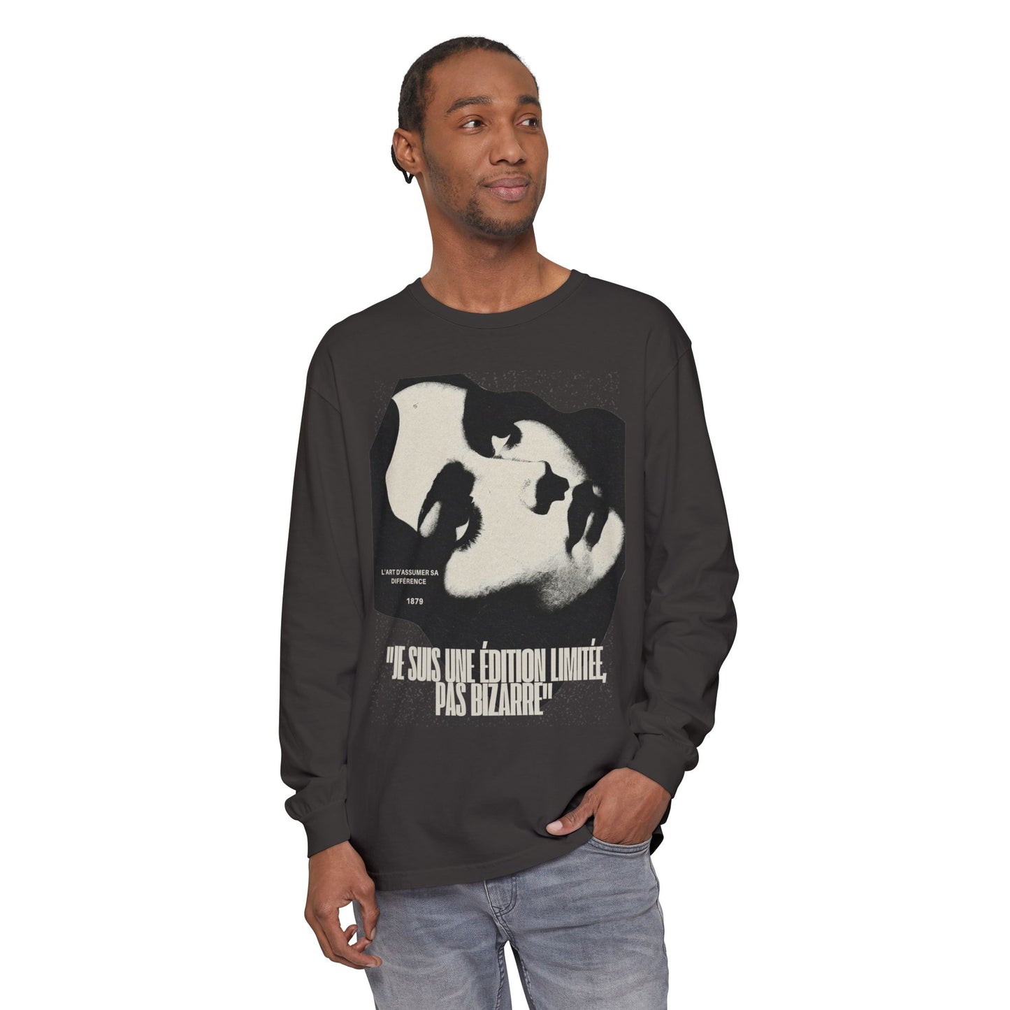 Graphic Long Sleeve Tee — Vintage Face Print with French Text