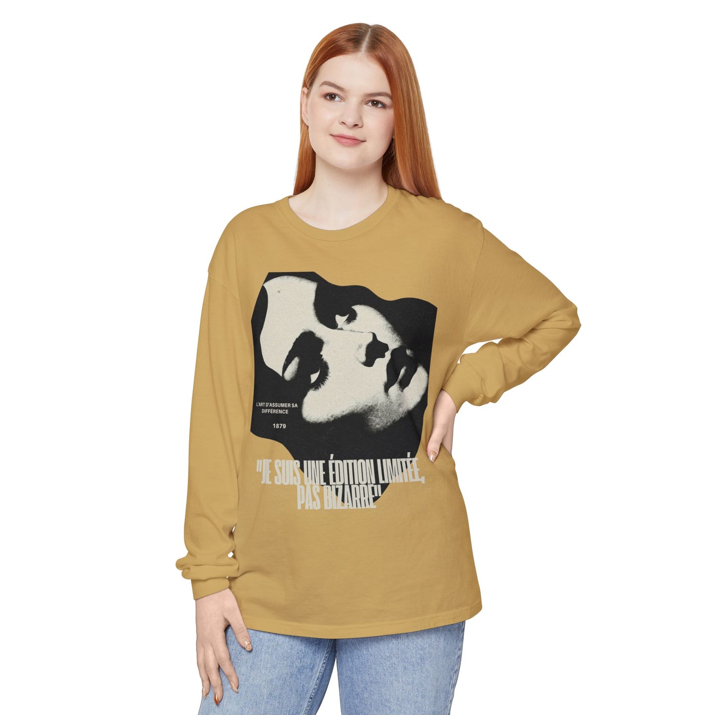 Graphic Long Sleeve Tee — Vintage Face Print with French Text