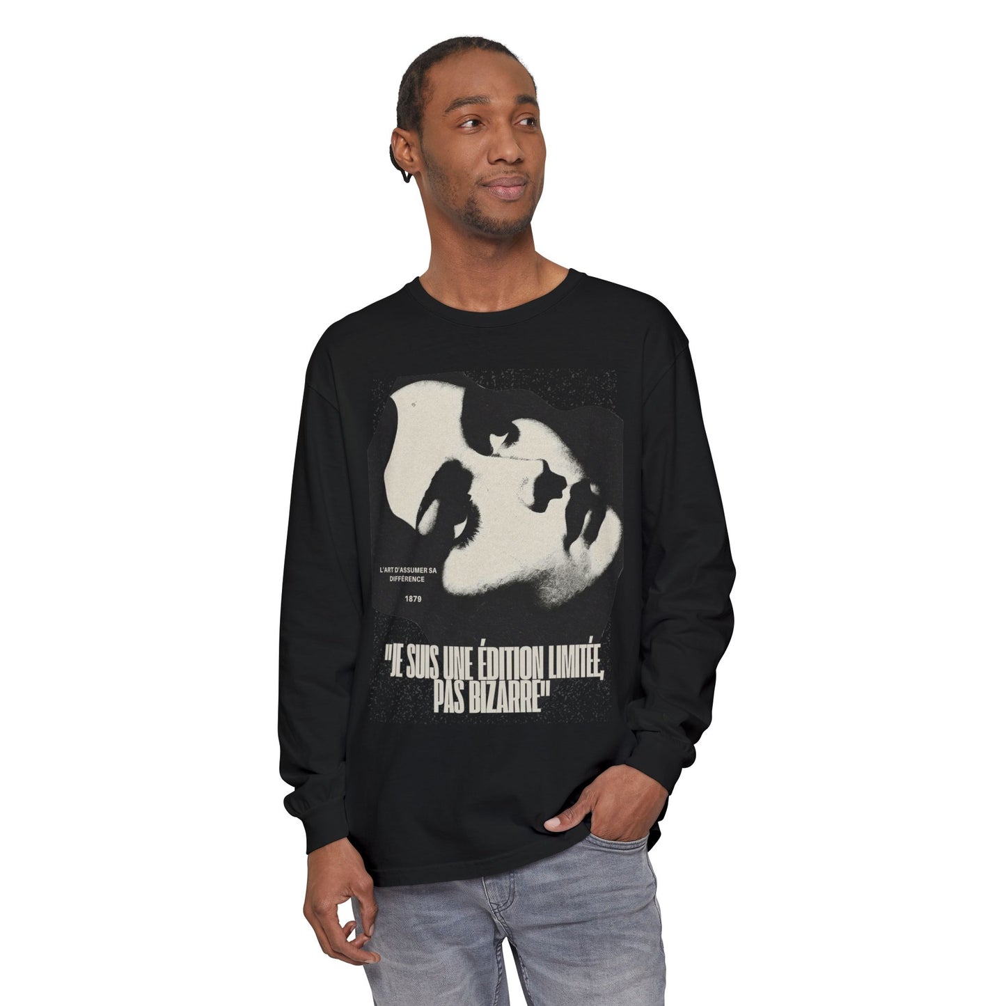 Graphic Long Sleeve Tee — Vintage Face Print with French Text