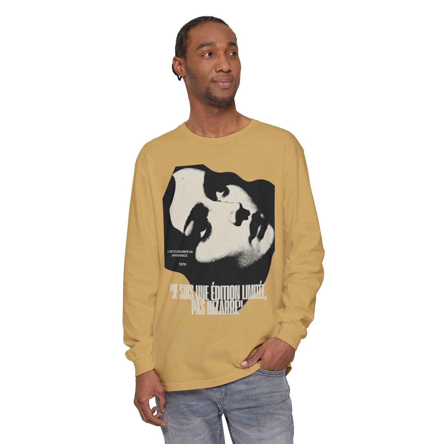 Graphic Long Sleeve Tee — Vintage Face Print with French Text