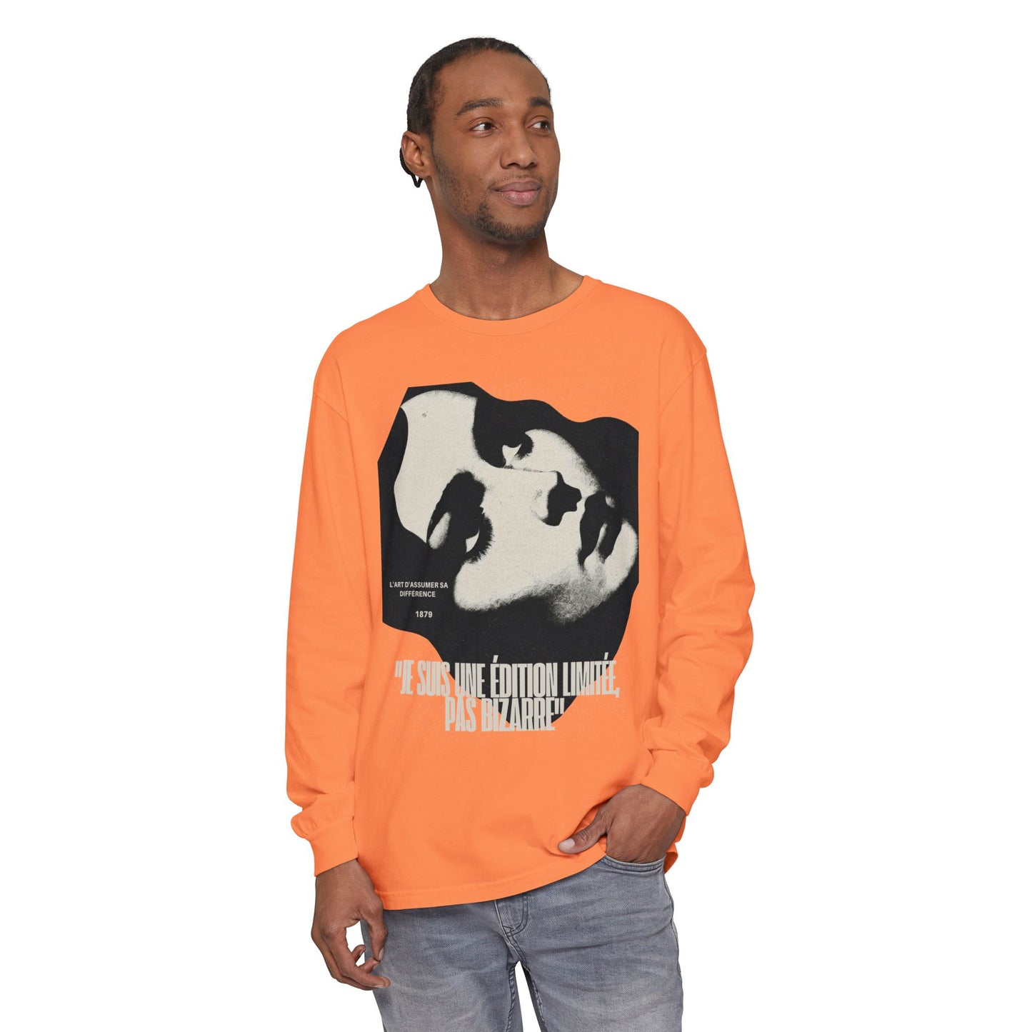 Graphic Long Sleeve Tee — Vintage Face Print with French Text