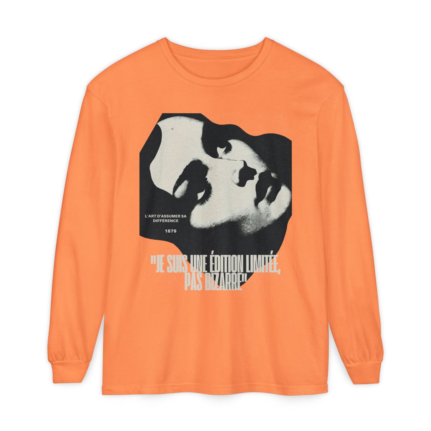 Graphic Long Sleeve Tee — Vintage Face Print with French Text