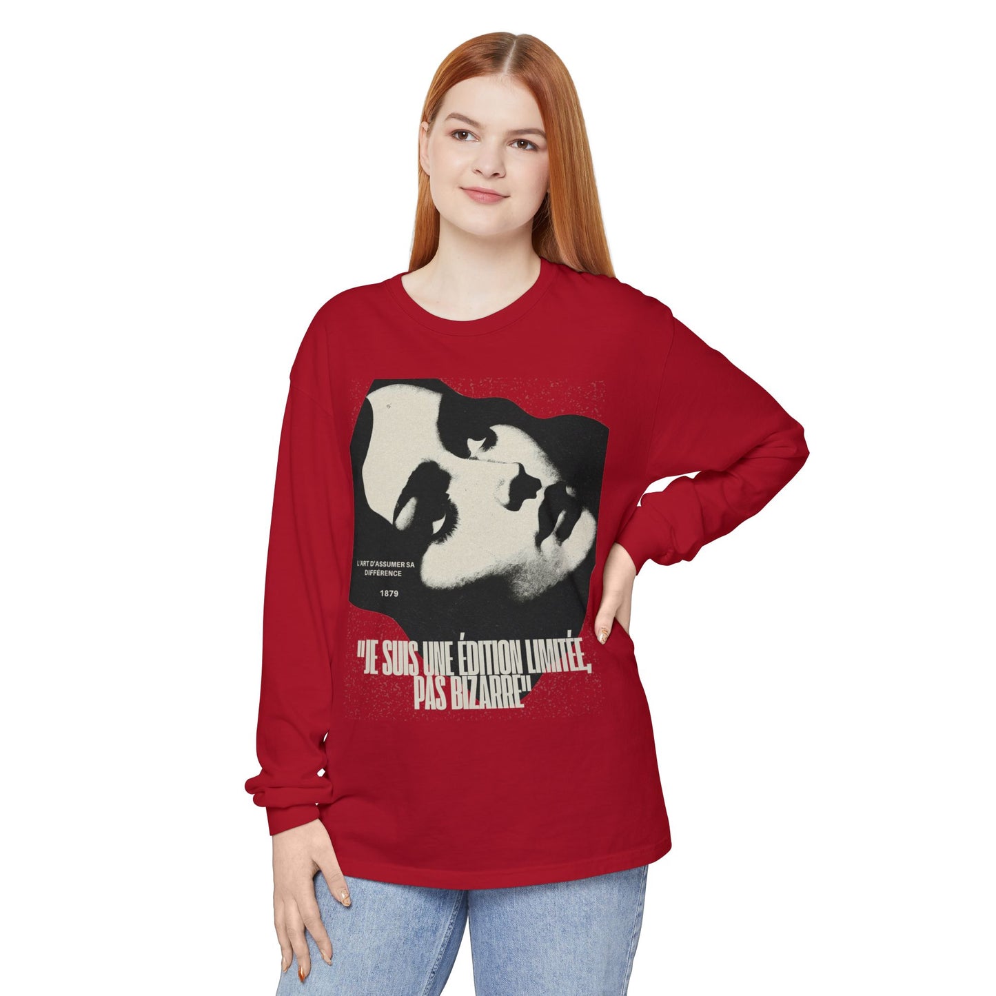Graphic Long Sleeve Tee — Vintage Face Print with French Text
