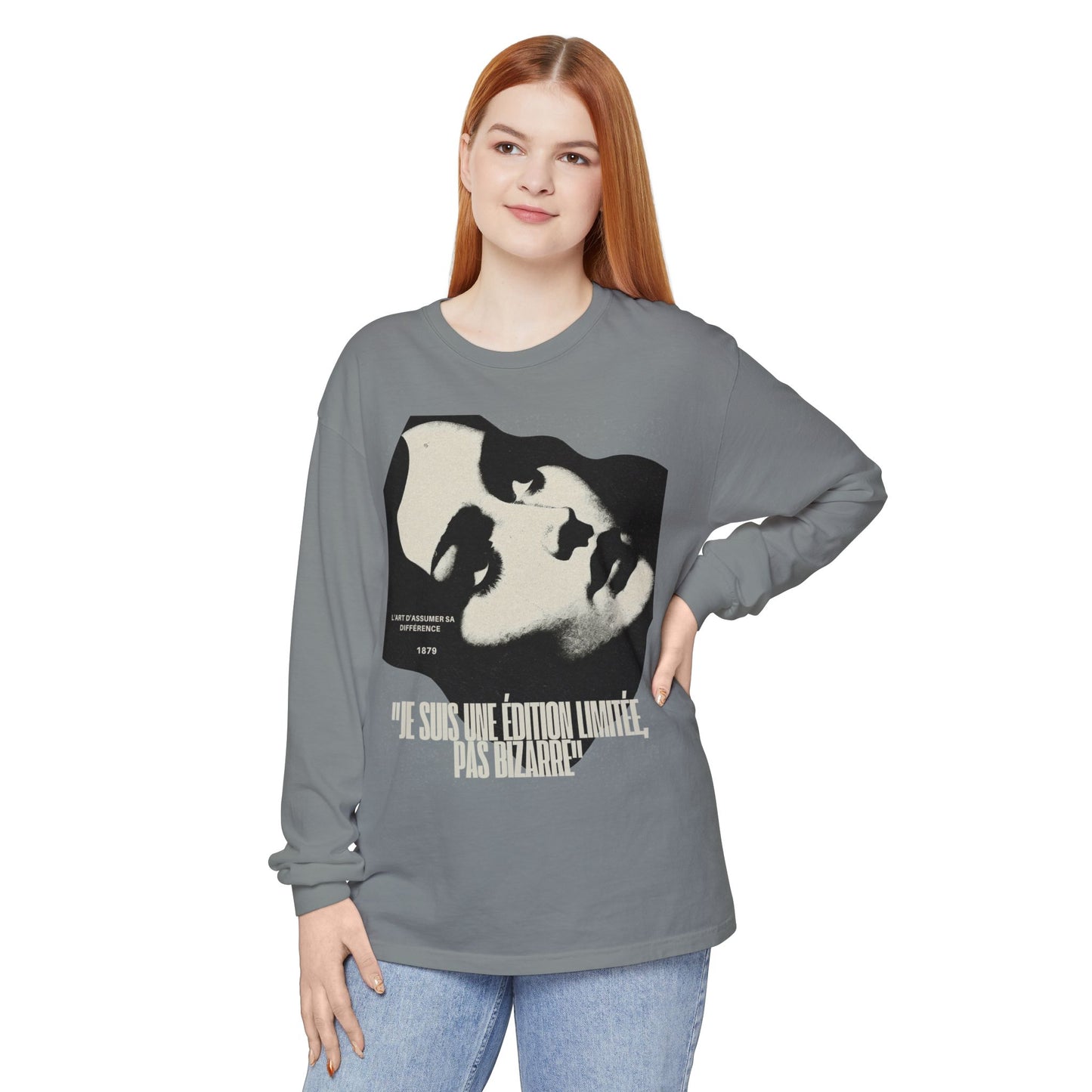 Graphic Long Sleeve Tee — Vintage Face Print with French Text